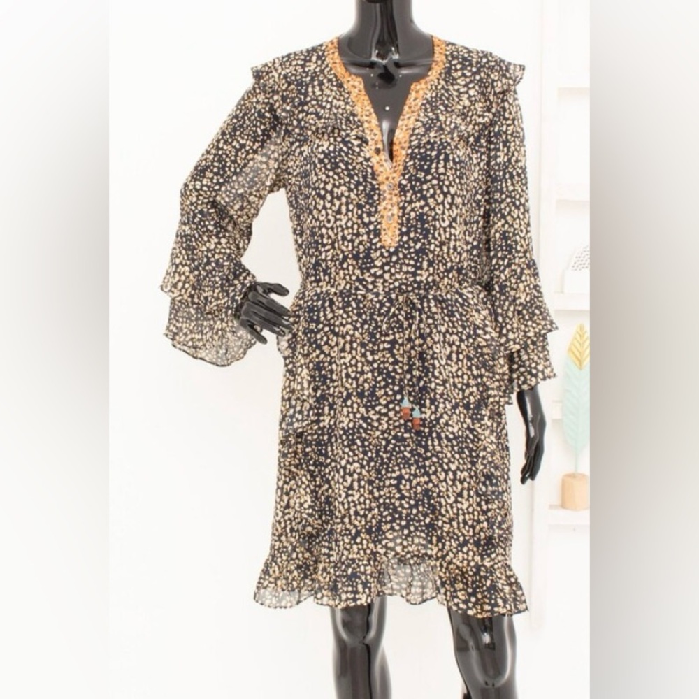 HALE BOB Party Romantic Boho Crepe Ruffle Bell Floral Tie Blue/Yellow Dress SZ L